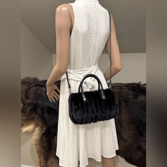 Black Real Mink Fur Handmade Boston Bag/Crossbody, with Free Fox Fur Ball Charm - Picture 7 of 16